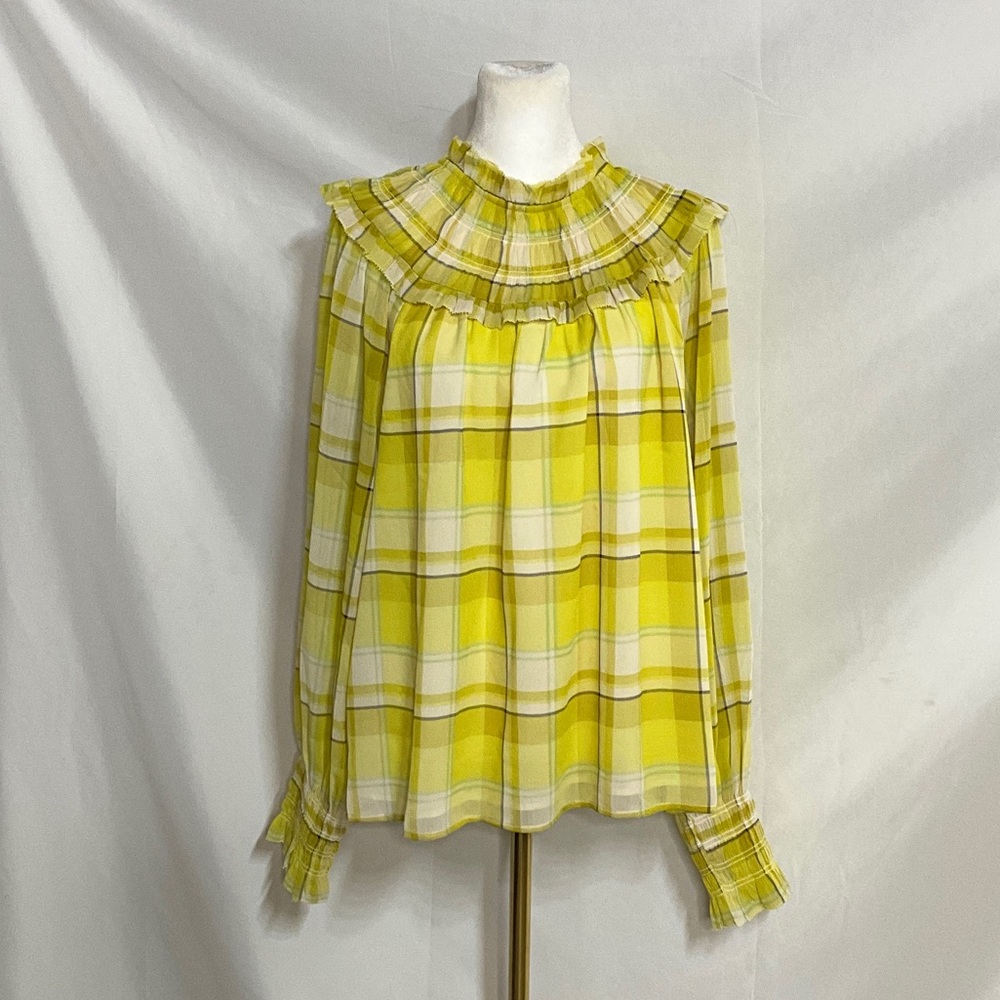 Ann Taylor Yellow Green Plaid Ruffle Long Sleeve Blouse